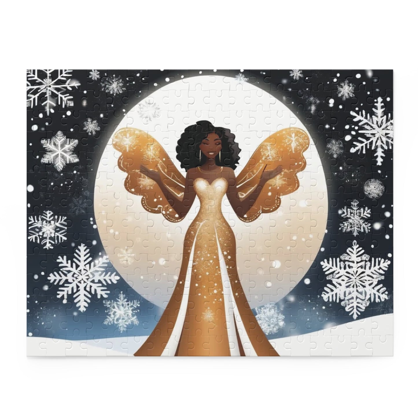 Winter Moonlight Angel Puzzle – Elegant Angel in Gold Dress with Snowflakes | Vibrant Winter Art Puzzle (120, 252, 500-Piece)