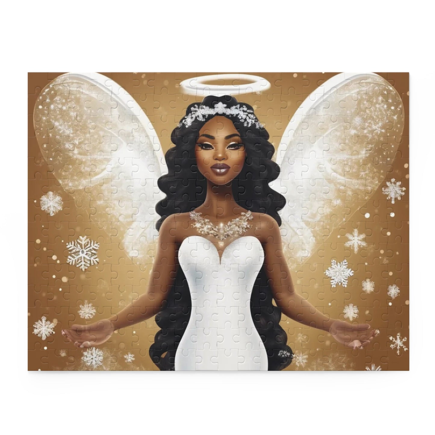 Angelcore Puzzle – Elegant Angel with White Wings, Tiara, and Snowflakes | Afrocentric Luxury Art (120, 252, 500-Piece)