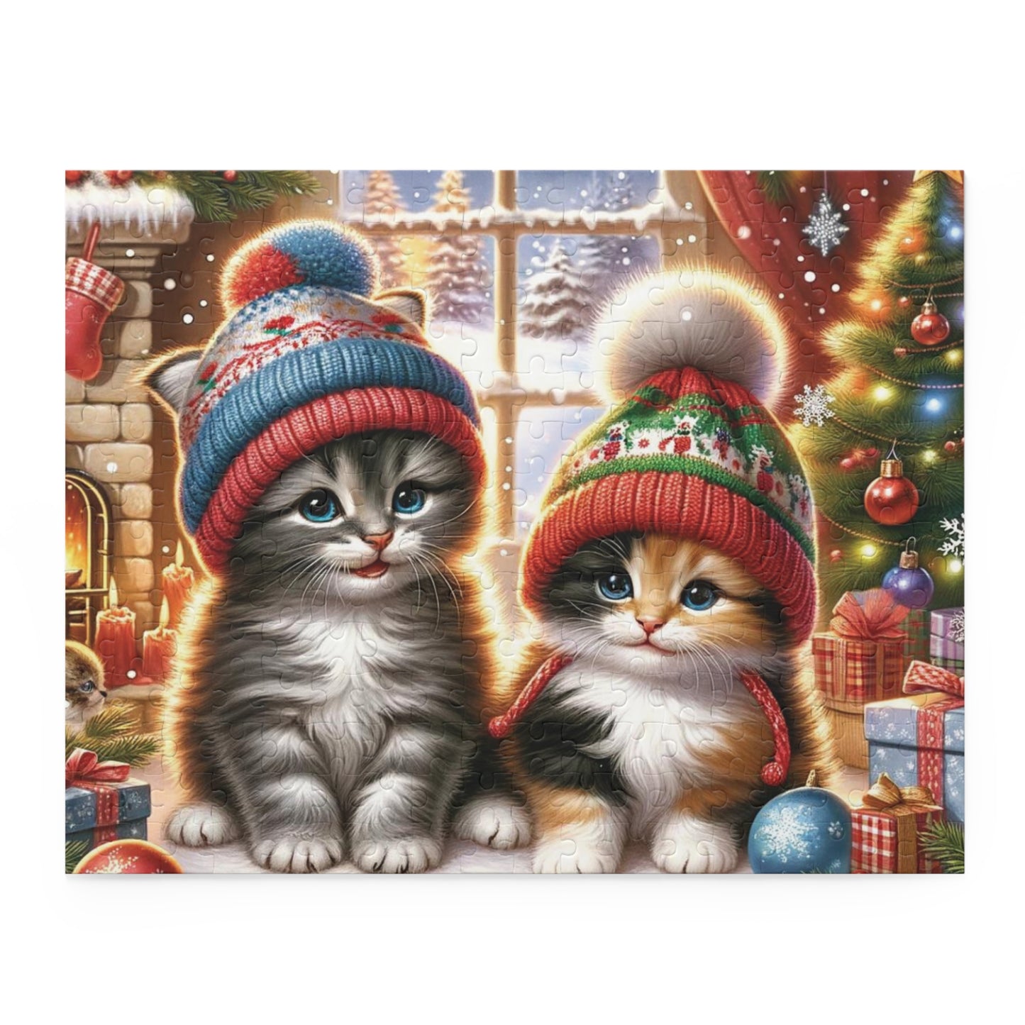 Christmas Kittens Puzzle – Adorable Cats in Knitted Winter Hats with Holiday Decorations | Vibrant and Detailed Festive Art Puzzle (120, 252, 500-Piece)