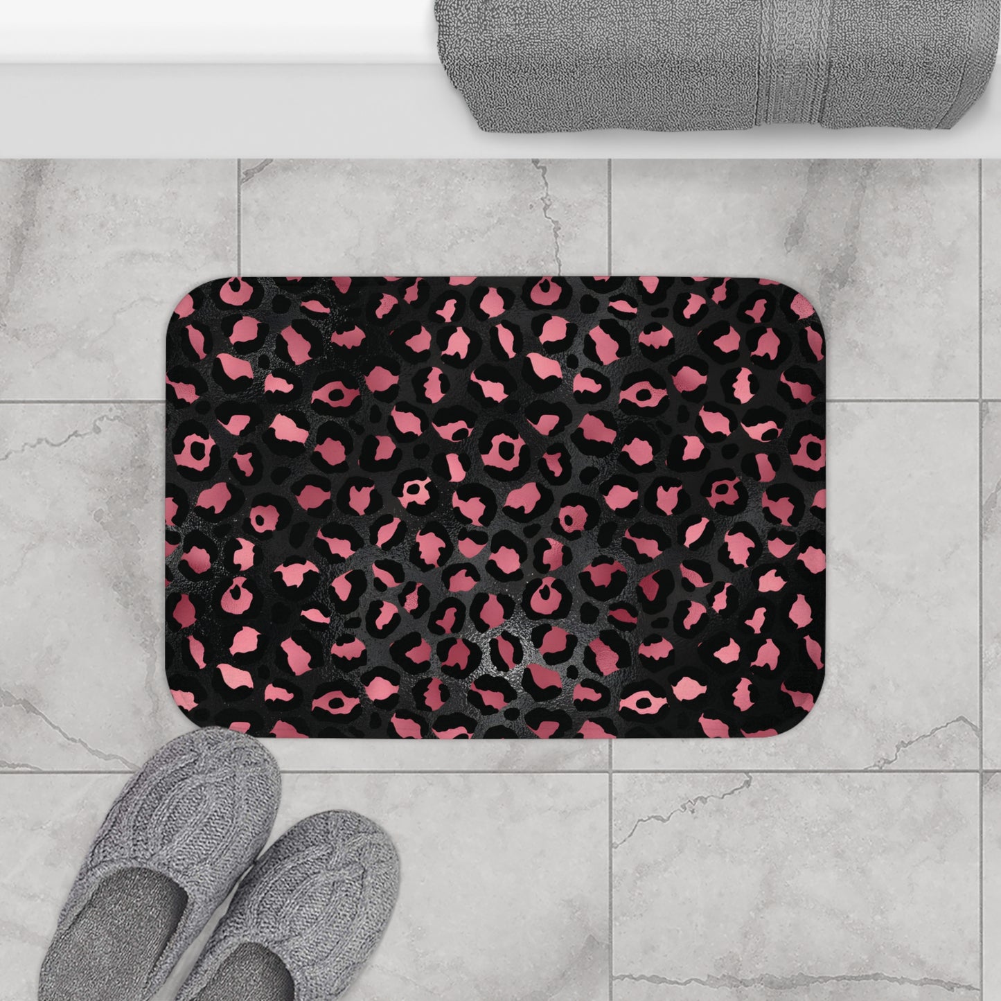 Black and Pink Leopard Spotted Bath Mat