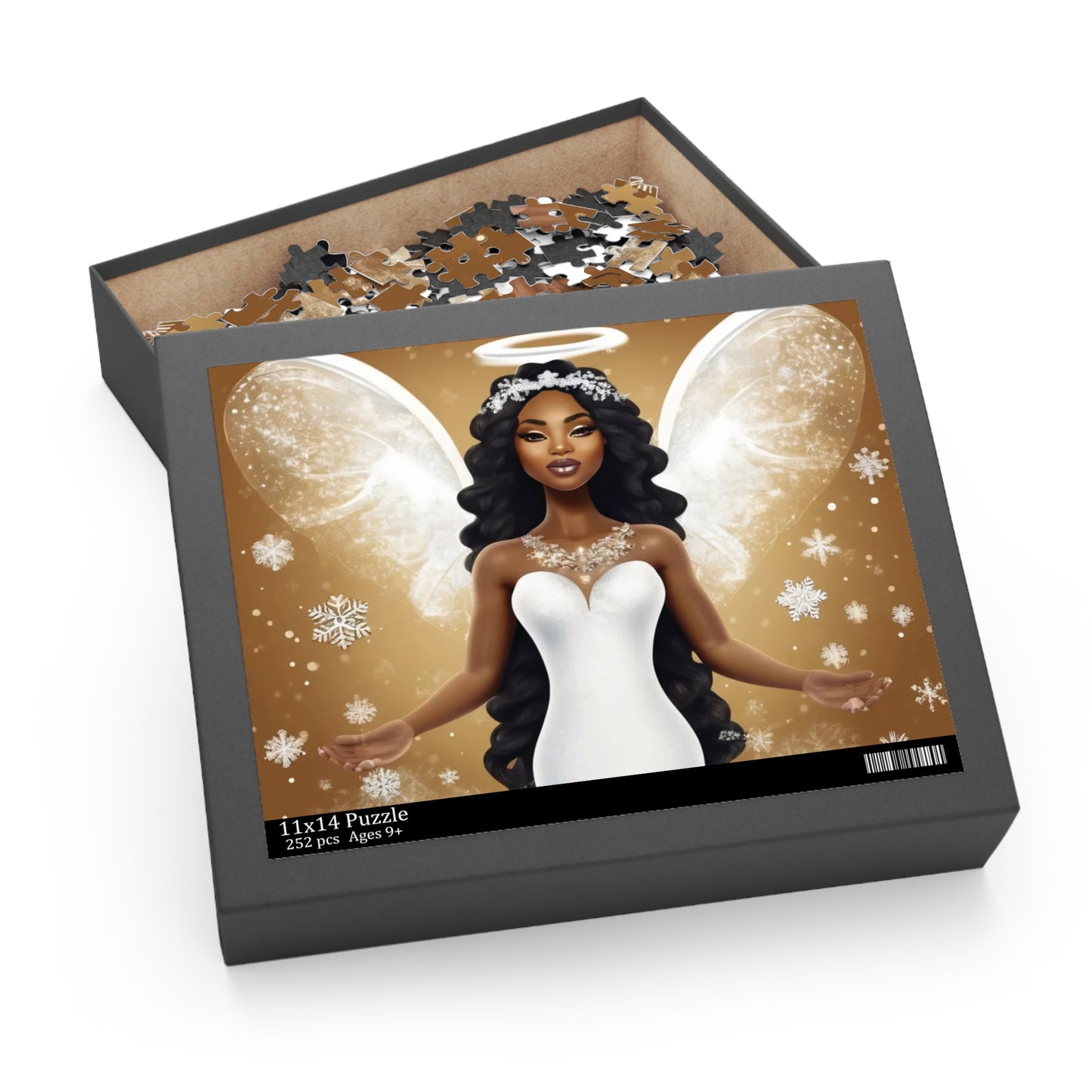Angelcore Puzzle – Elegant Angel with White Wings, Tiara, and Snowflakes | Afrocentric Luxury Art (120, 252, 500-Piece)