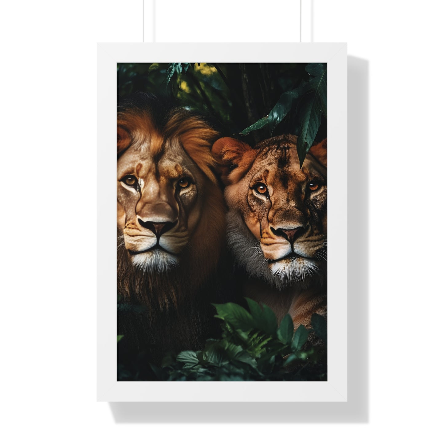Majestic Lion Couple Portrait: Wildlife Wall Art | Nature Photography | Rain Forest Print Framed Vertical Poster