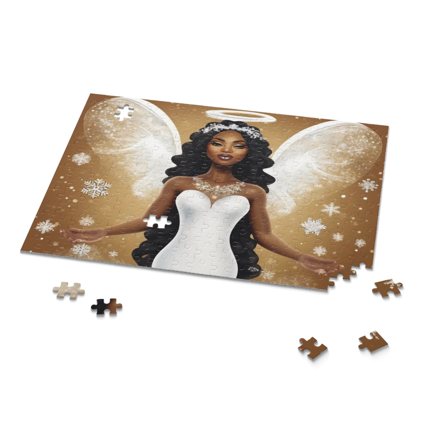 Angelcore Puzzle – Elegant Angel with White Wings, Tiara, and Snowflakes | Afrocentric Luxury Art (120, 252, 500-Piece)