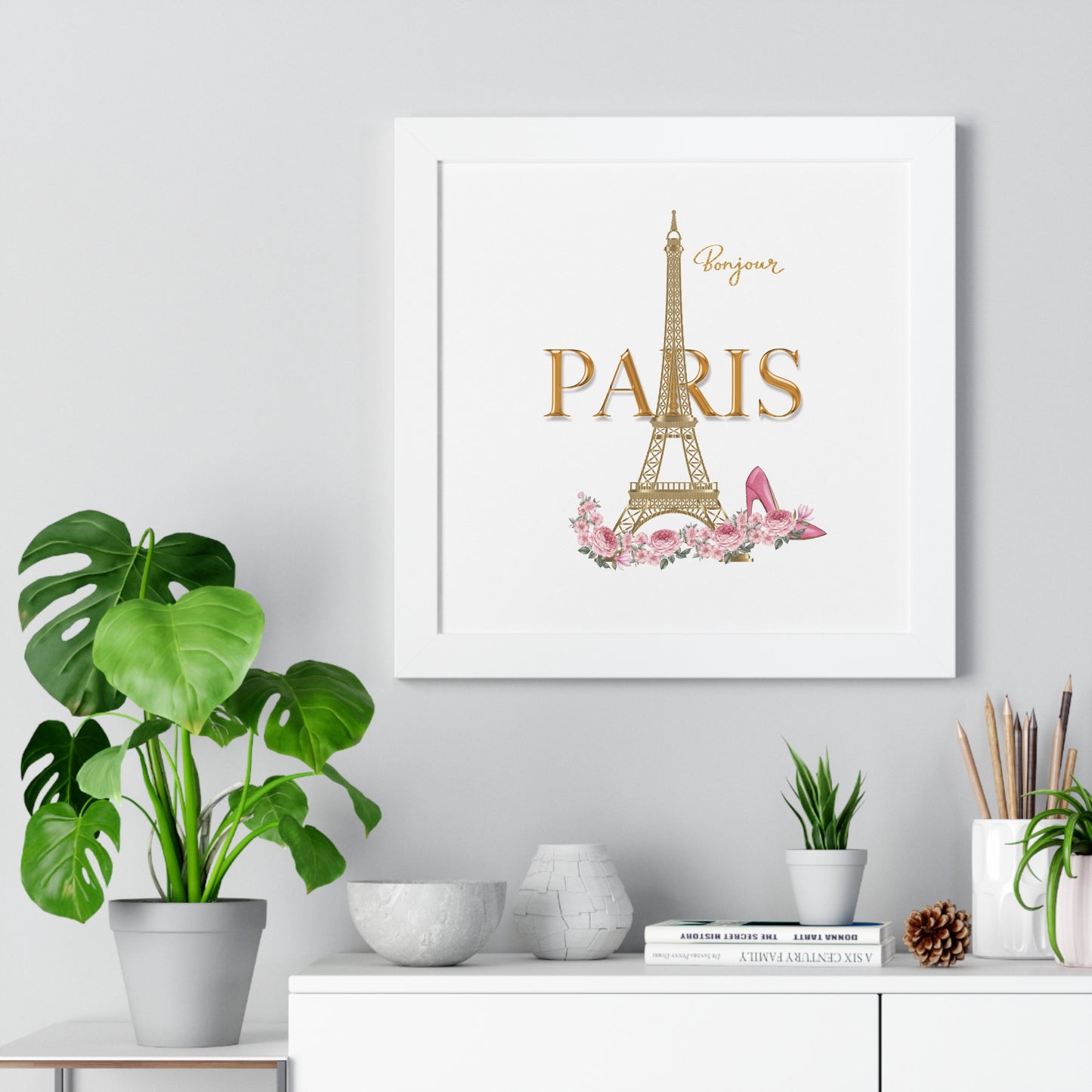 Bonjour Paris Framed Wall Art | Parisian Chic Decor | Eiffel Tower Print Framed Horizontal Poster