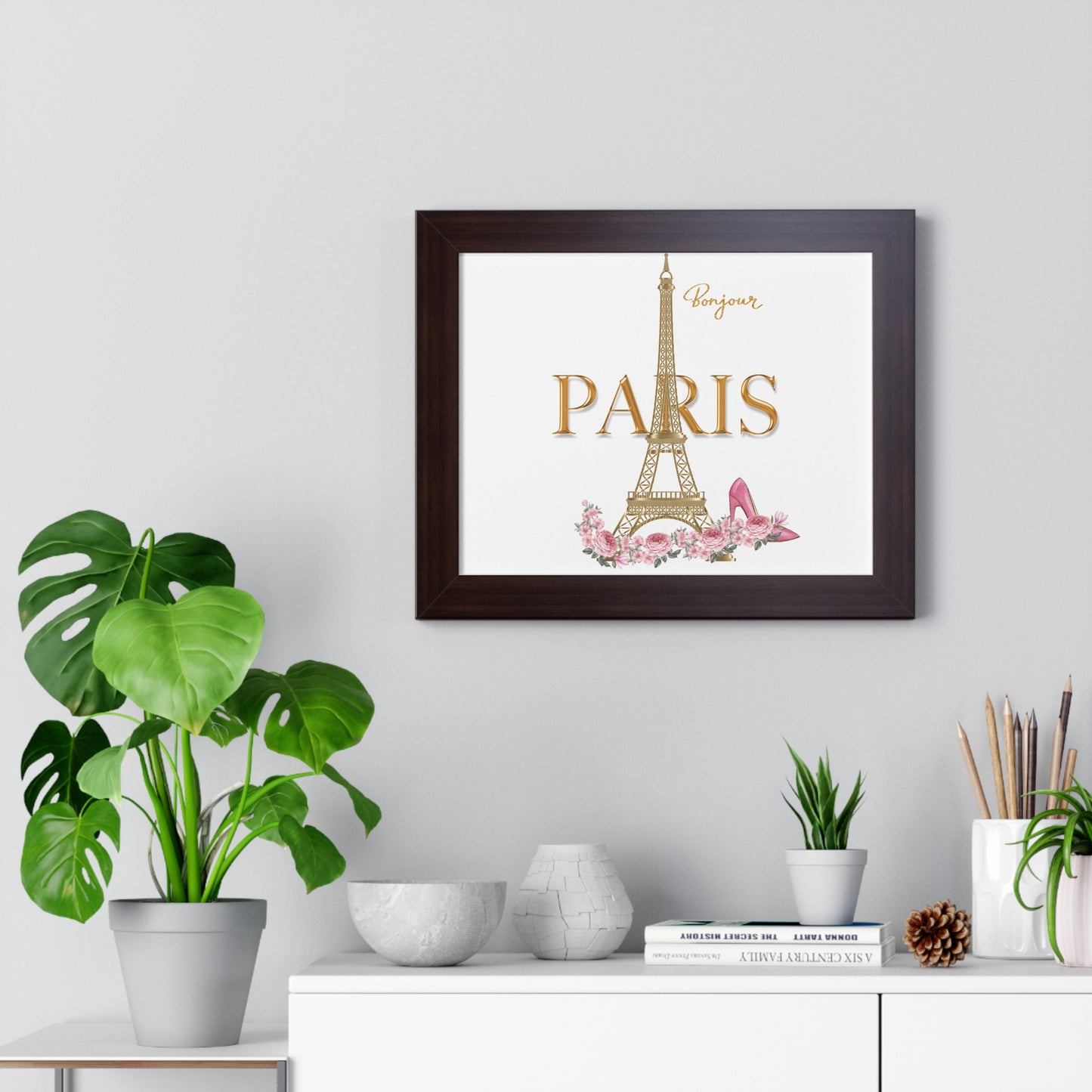 Bonjour Paris Framed Wall Art | Parisian Chic Decor | Eiffel Tower Print Framed Horizontal Poster