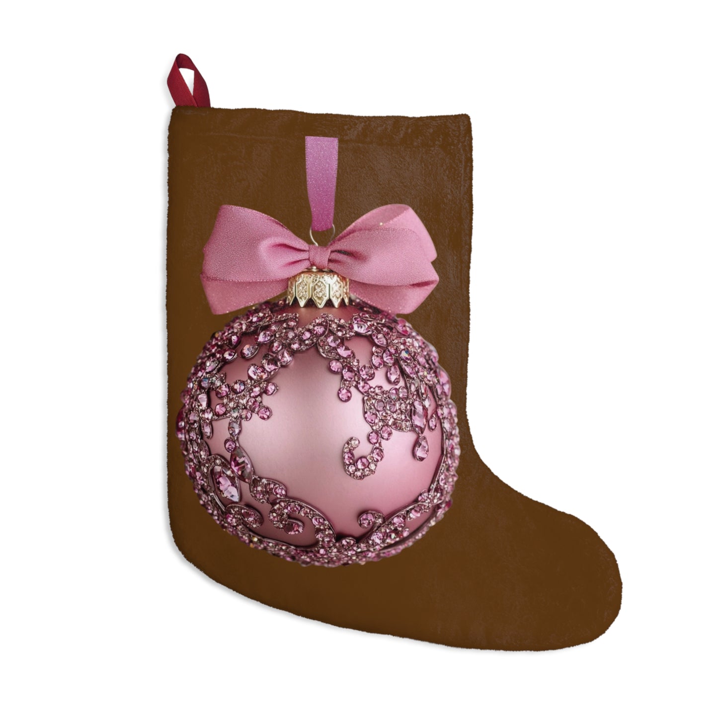 Elegant Brown Christmas Stocking with Intricate Pink Ornament Design – Perfect for Holiday Decor and Gift GivingChristmas Stockings