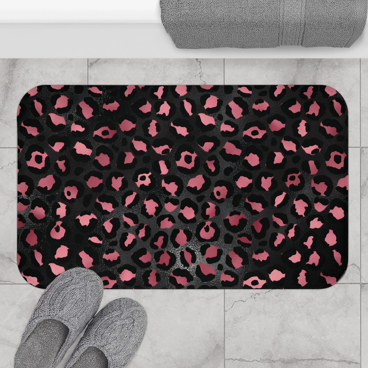 Black and Pink Leopard Spotted Bath Mat