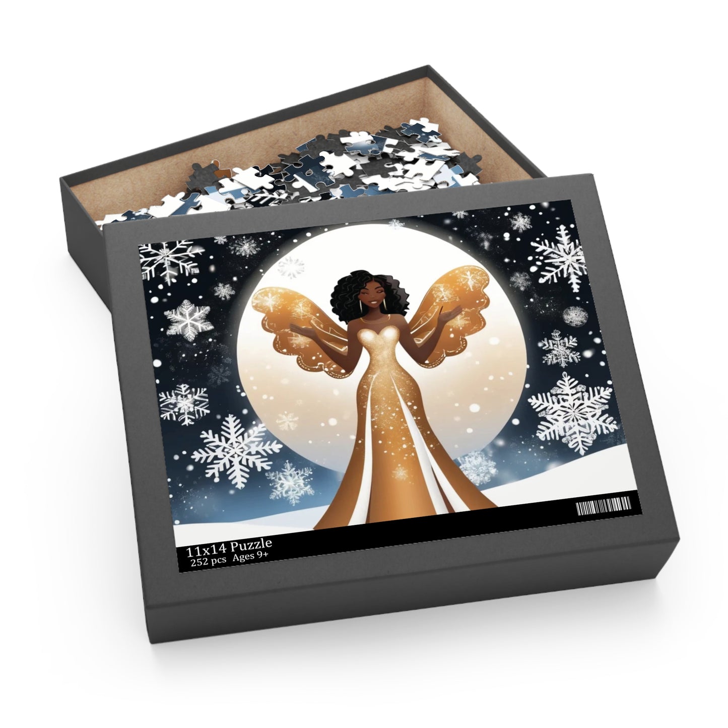 Winter Moonlight Angel Puzzle – Elegant Angel in Gold Dress with Snowflakes | Vibrant Winter Art Puzzle (120, 252, 500-Piece)