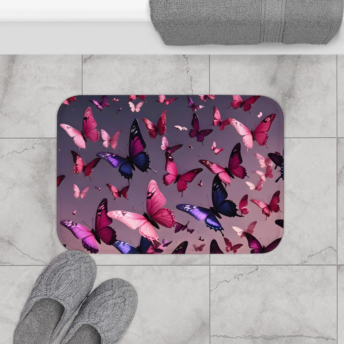 Butterfly Bath Mat | Pink and Purple Bath Mat | Butterfly Bathroom Decor