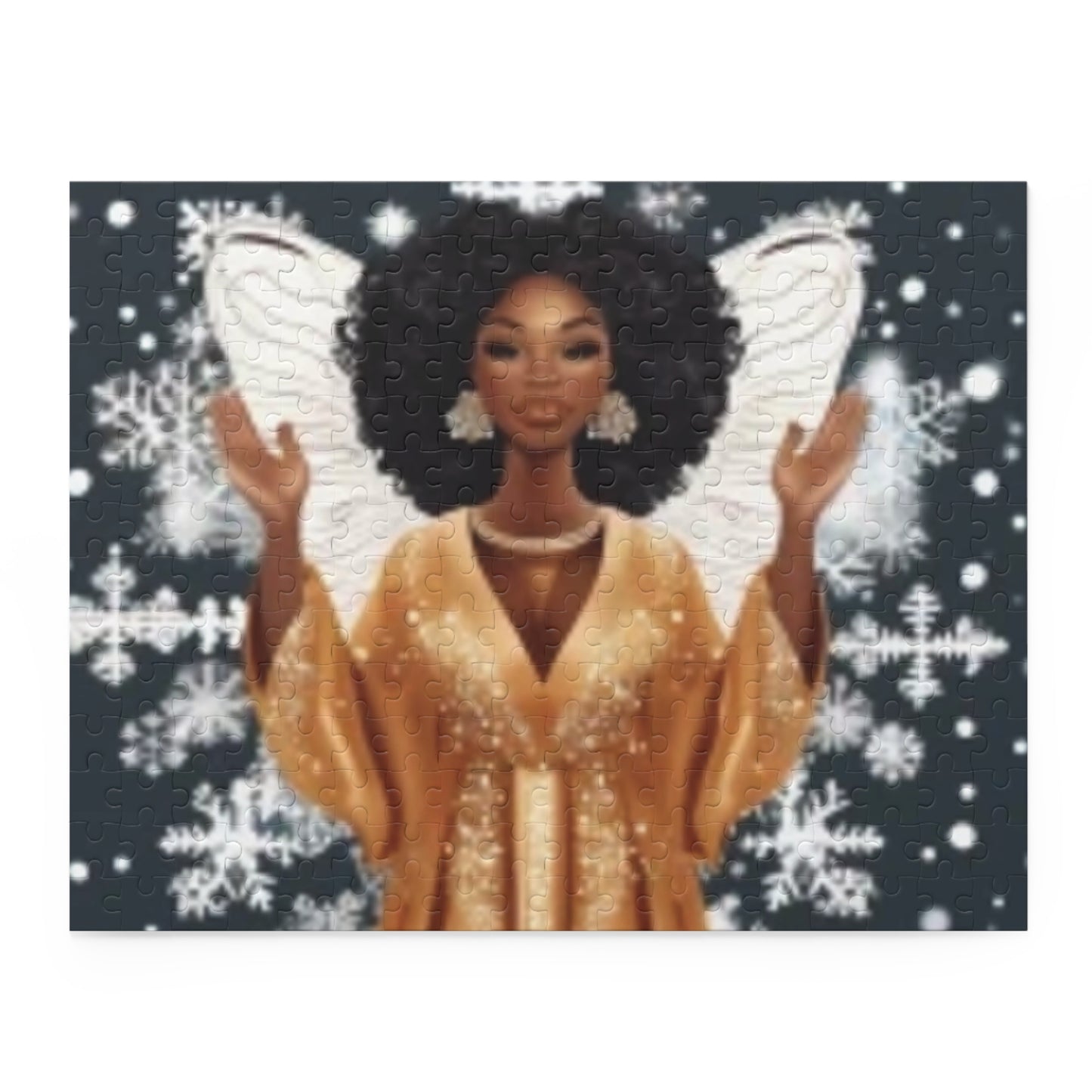 Festive Christmas Angel Puzzle – African American Angel with Natural Curls, Gold Attire, and Snowy Blue Background Puzzle (120, 252, 500-Piece)