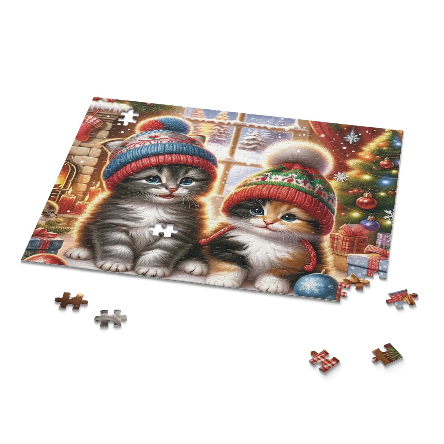 Christmas Kittens Puzzle – Adorable Cats in Knitted Winter Hats with Holiday Decorations | Vibrant and Detailed Festive Art Puzzle (120, 252, 500-Piece)
