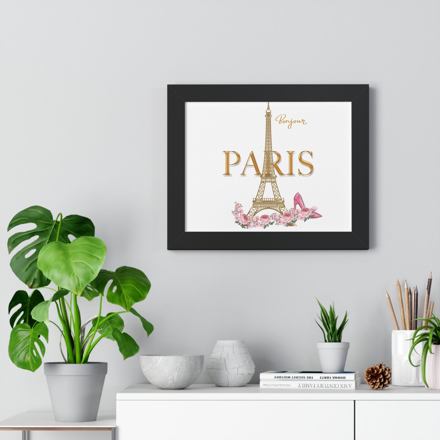 Bonjour Paris Framed Wall Art | Parisian Chic Decor | Eiffel Tower Print Framed Horizontal Poster