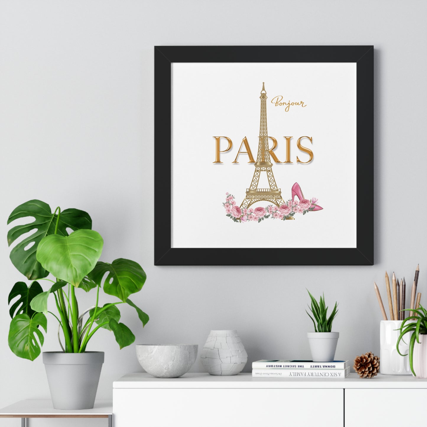 Bonjour Paris Framed Wall Art | Parisian Chic Decor | Eiffel Tower Print Framed Horizontal Poster