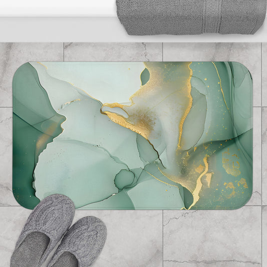 Abstract Green and Gold Bath Mat | Modern Bathroom Decor