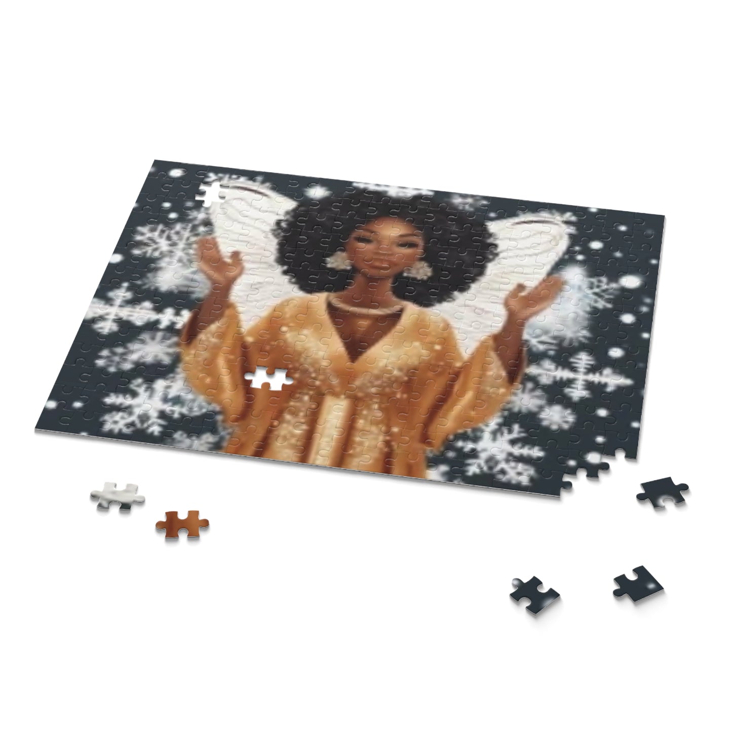 Festive Christmas Angel Puzzle – African American Angel with Natural Curls, Gold Attire, and Snowy Blue Background Puzzle (120, 252, 500-Piece)