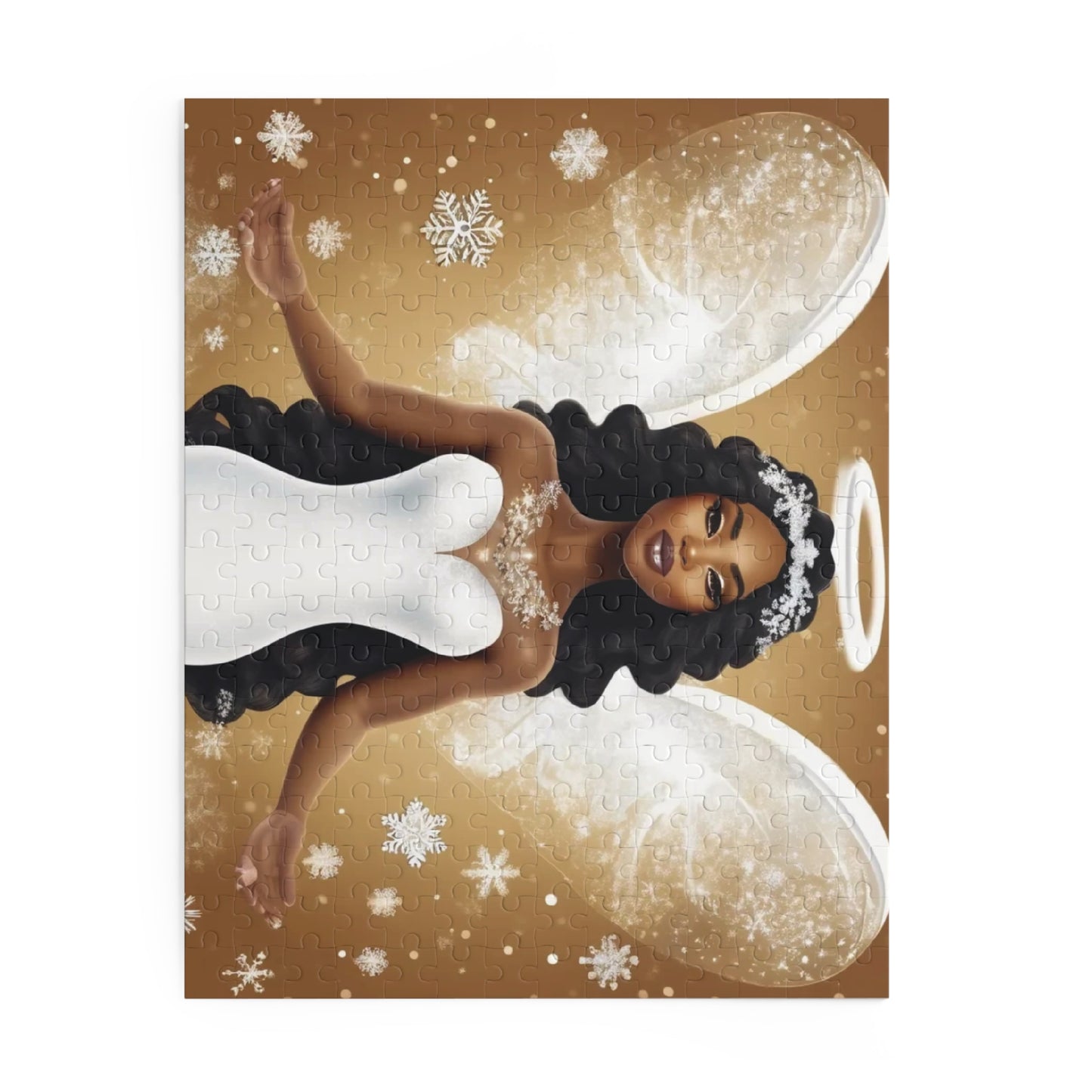 Angelcore Puzzle – Elegant  Angel with White Wings, Tiara, and Snowflakes | Afrocentric Luxury Art (120, 252, 500-Piece)