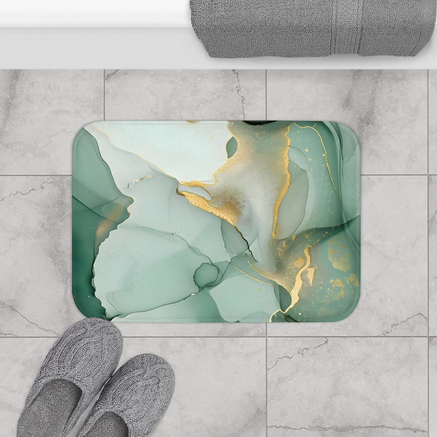 Abstract Green and Gold Bath Mat | Modern Bathroom Decor