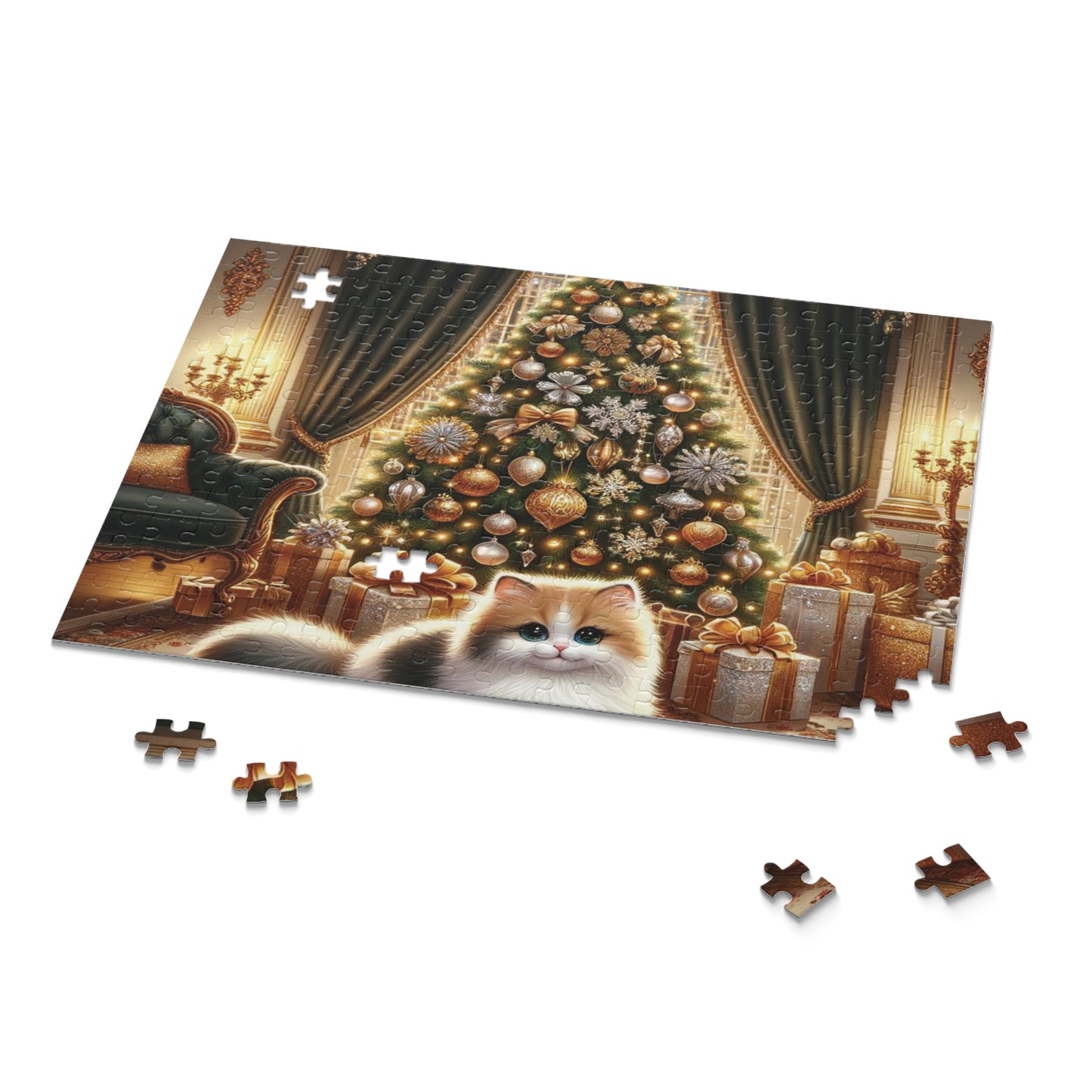 Christmas Cat Puzzle – Fluffy White and Golden Cat Under a Christmas Tree with Cozy Fireplace | Festive Holiday ArtPuzzle (120, 252, 500-Piece)