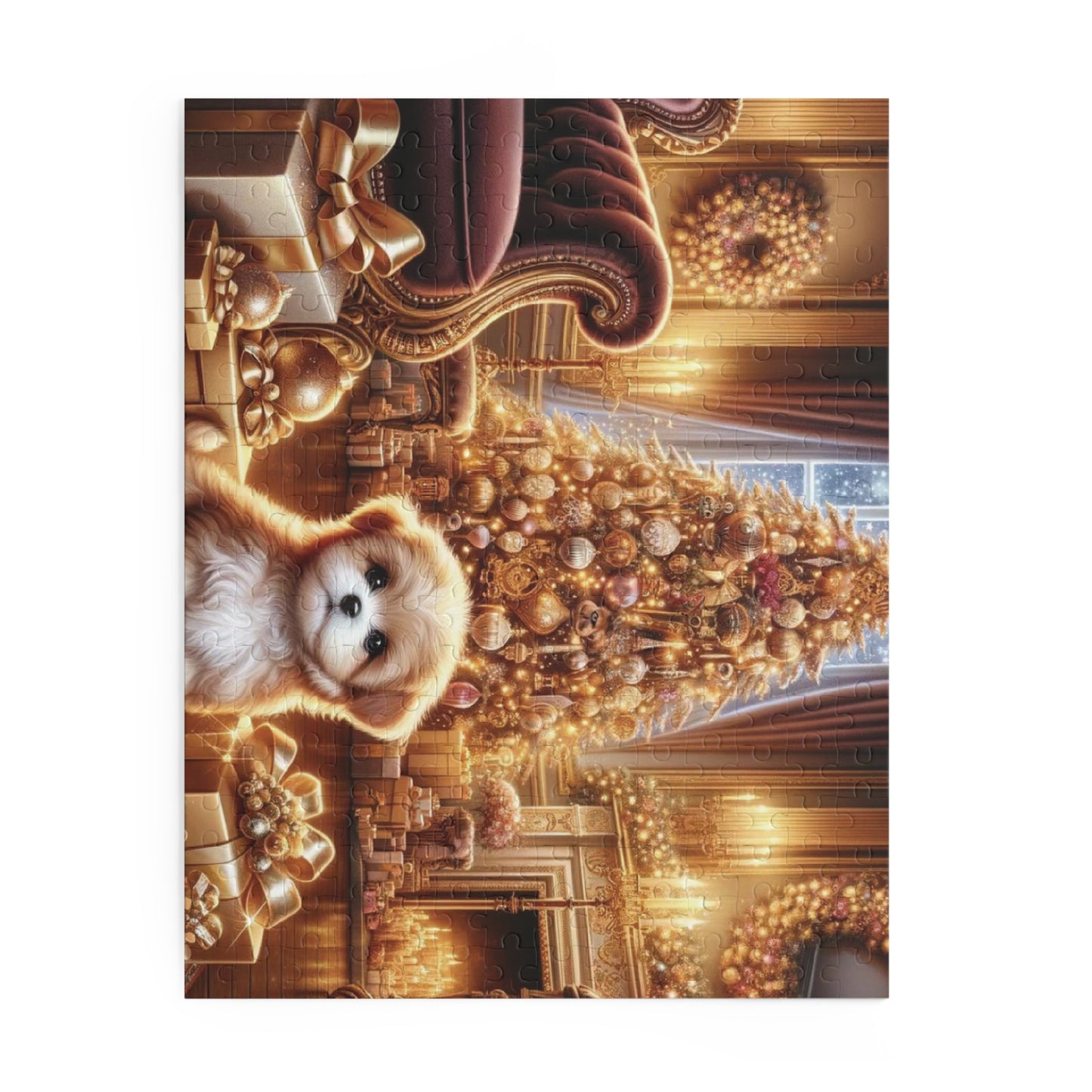 Christmas Puppy Puzzle – Cute Puppy by the Christmas Tree in a Luxurious Festive Living Room | Hyperrealistic Holiday Scene Puzzle (120, 252, 500-Piece)