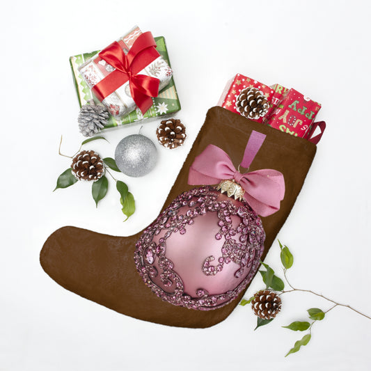 Elegant Brown Christmas Stocking with Intricate Pink Ornament Design – Perfect for Holiday Decor and Gift GivingChristmas Stockings