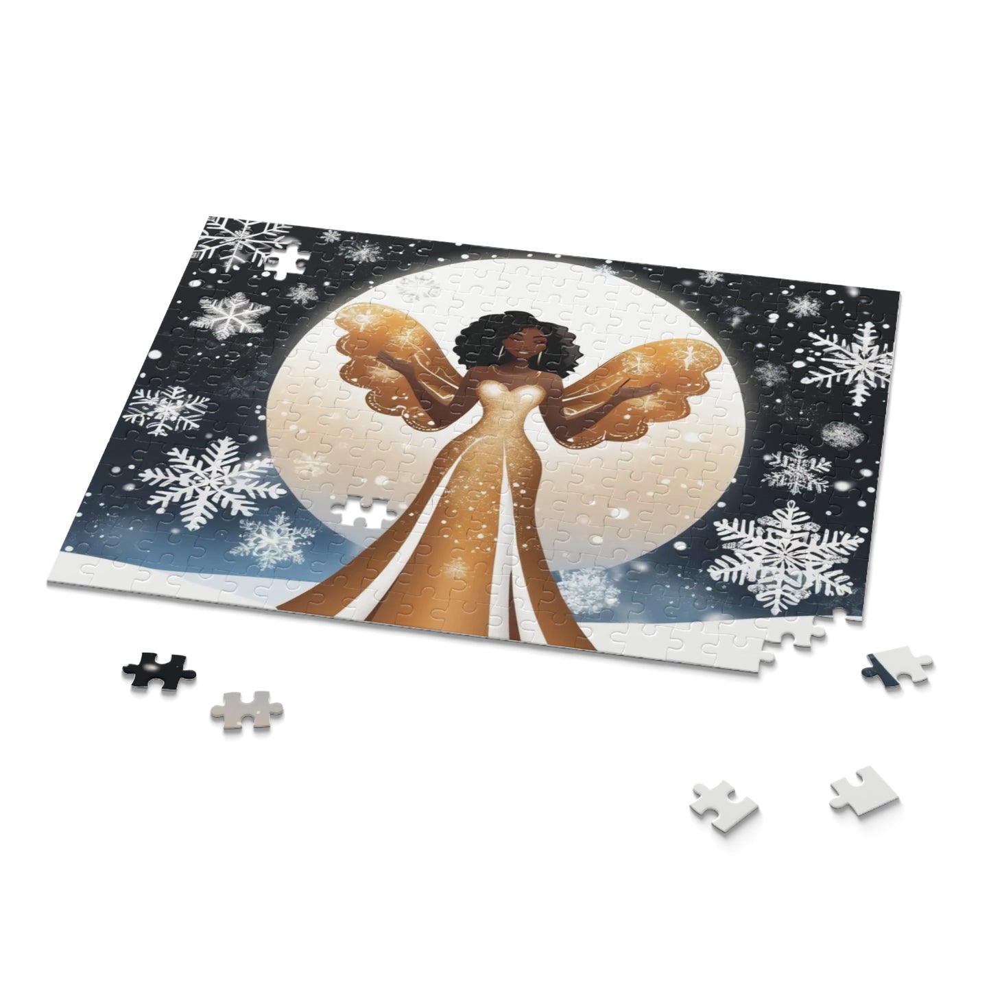 Winter Moonlight Angel Puzzle – Elegant  Angel in Gold Dress with Snowflakes | Vibrant Winter Art Puzzle (120, 252, 500-Piece)