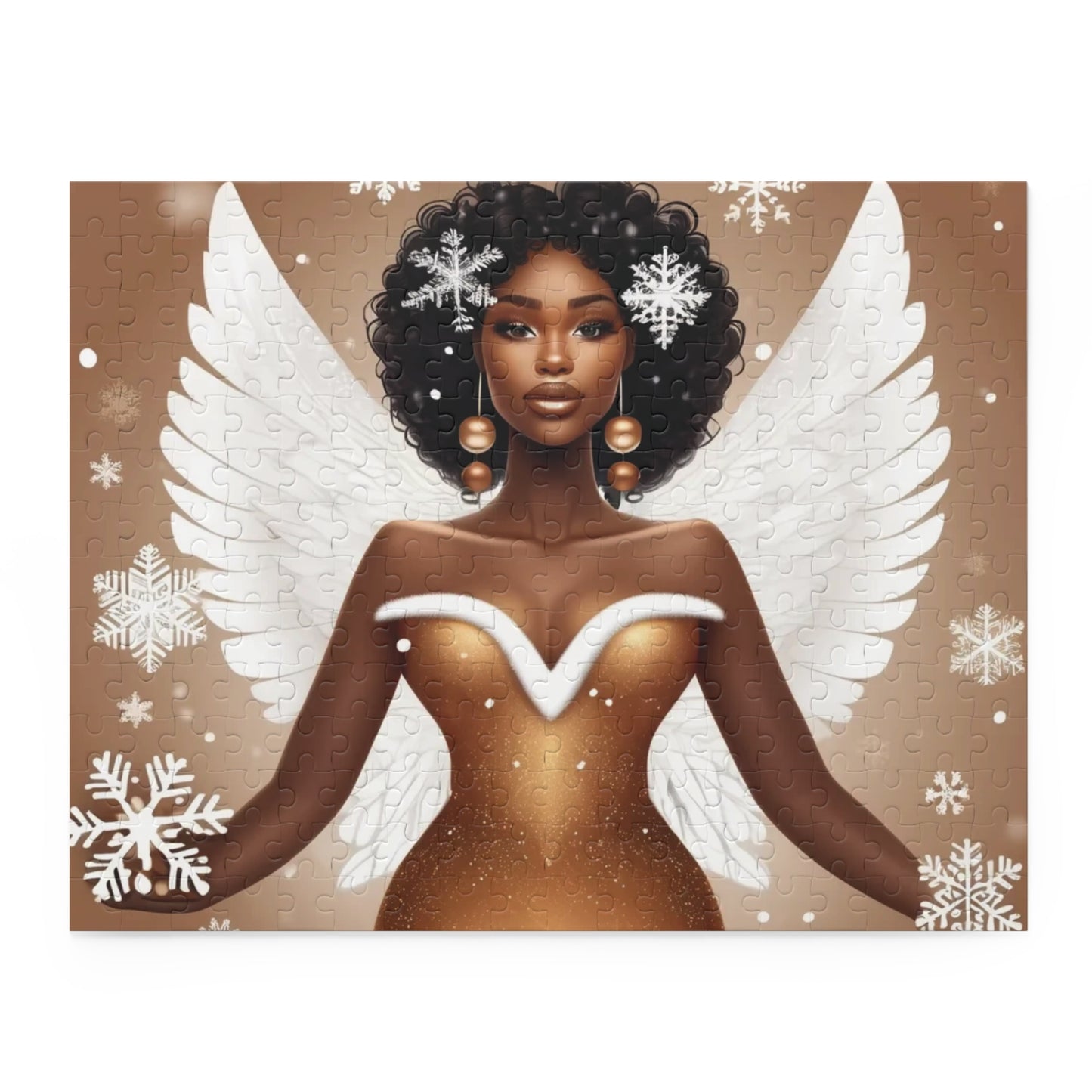 Christmas Angel Puzzle with Afro and Snowflake Wings | Afrocentric Holiday Oil Painting (120, 252, 500-Piece)