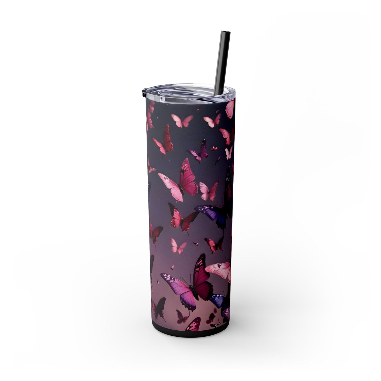 Pink & Purple Butterfly Skinny Tumbler with Straw, 20oz