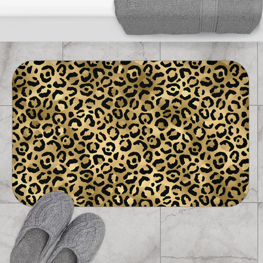 Stylish Gold and Black Leopard Print Bath Mat | Luxurious Bathroom Decor