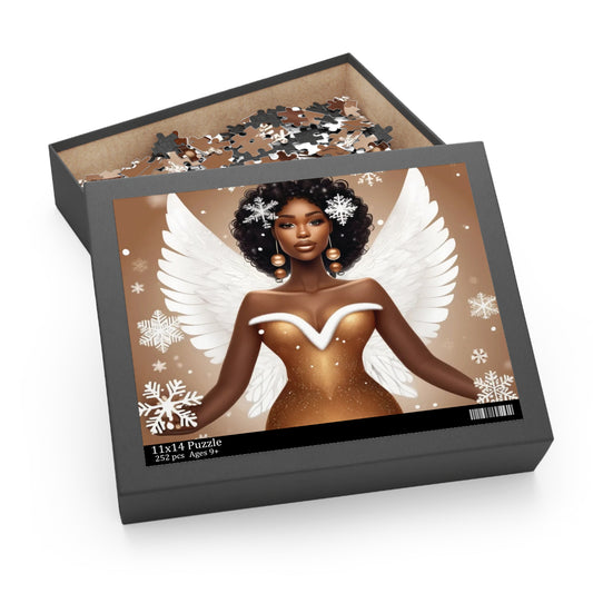 Christmas Angel Puzzle with Afro and Snowflake Wings | Afrocentric Holiday Oil Painting (120, 252, 500-Piece)