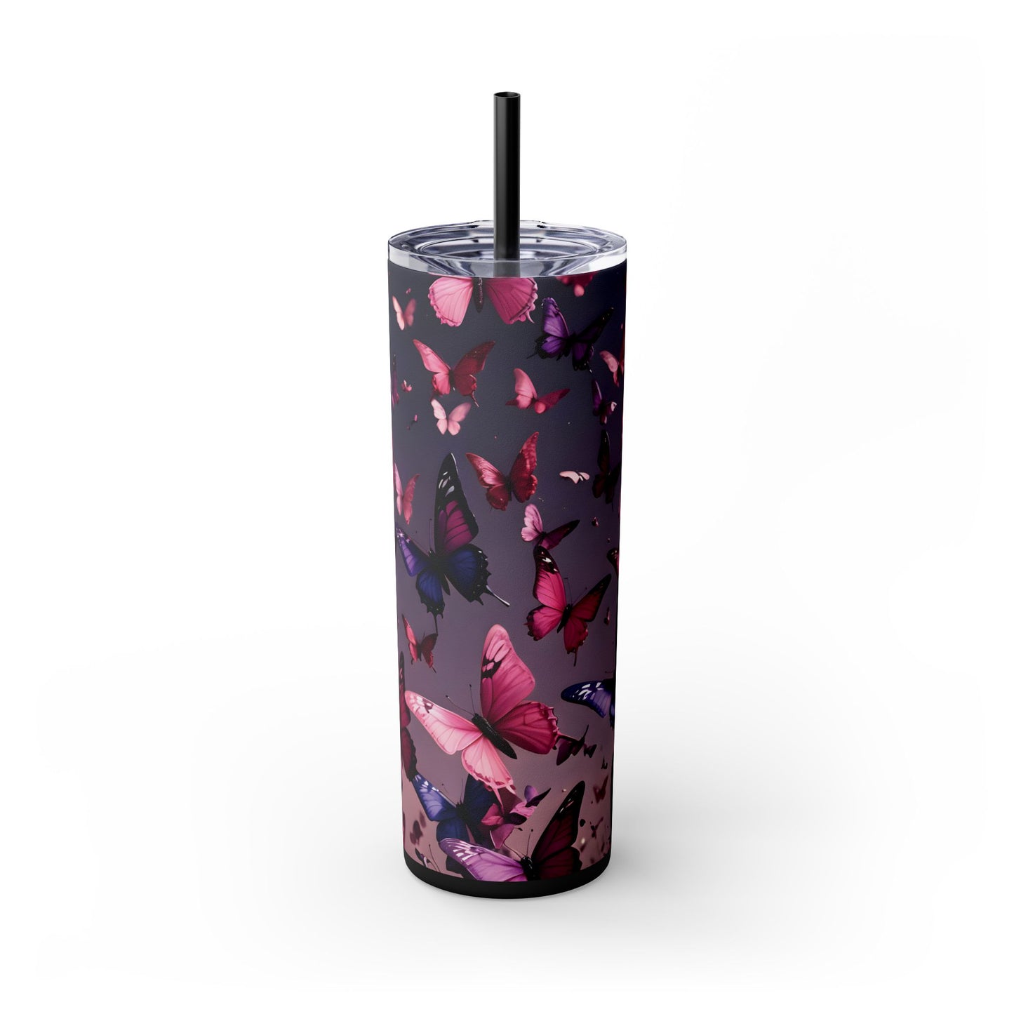 Pink & Purple Butterfly Skinny Tumbler with Straw, 20oz