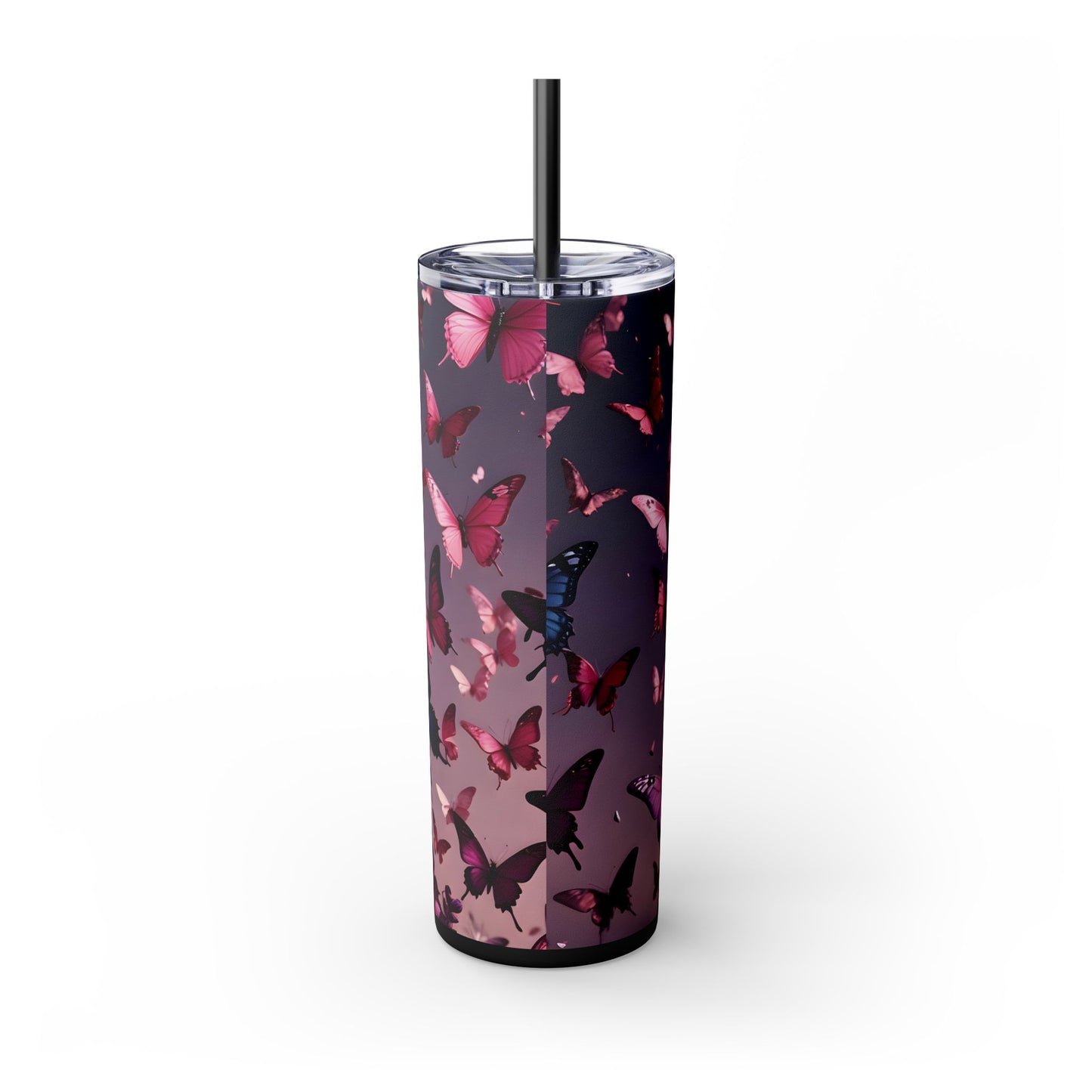 Pink & Purple Butterfly Skinny Tumbler with Straw, 20oz