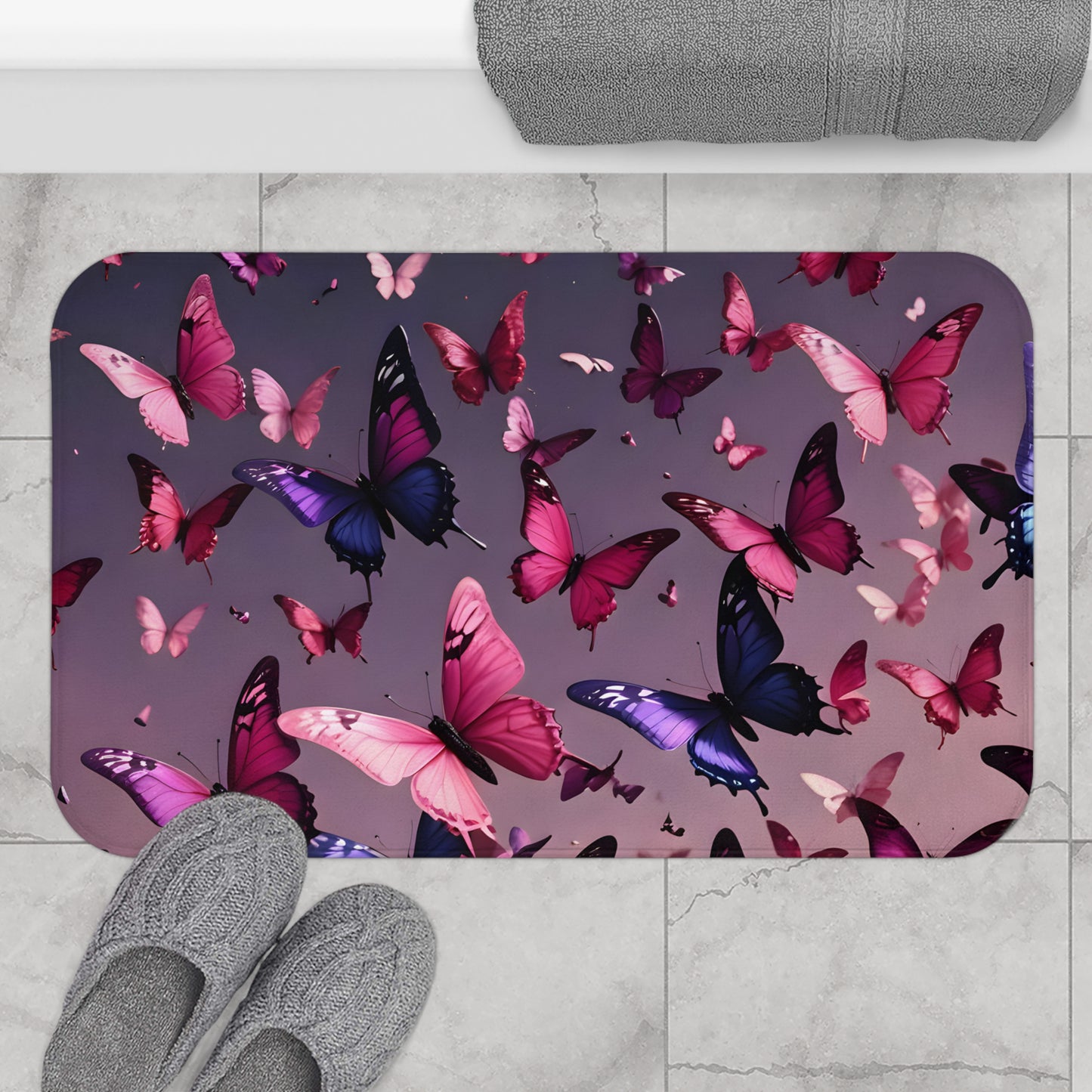 Butterfly Bath Mat | Pink and Purple Bath Mat | Butterfly Bathroom Decor