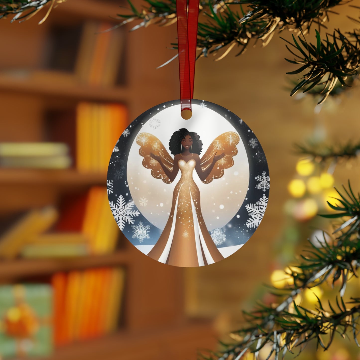 Elegant Angelic Goddess Ornament –  Angel with Snowy Wings for Holiday Décor Metal Ornament