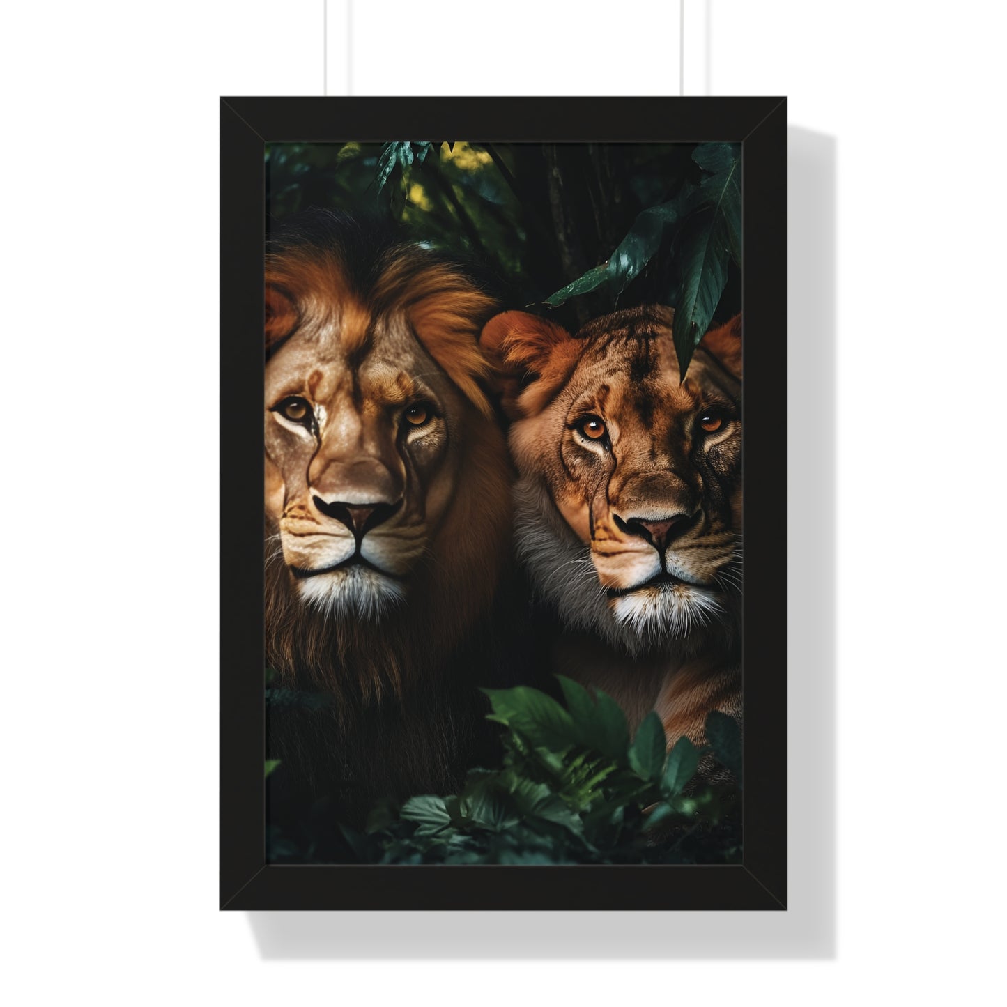 Majestic Lion Couple Portrait: Wildlife Wall Art | Nature Photography | Rain Forest Print Framed Vertical Poster