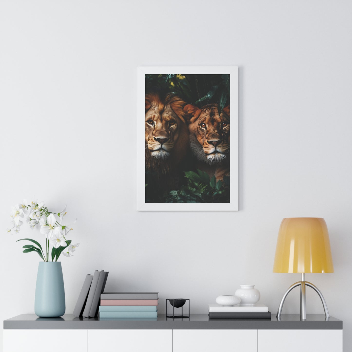 Majestic Lion Couple Portrait: Wildlife Wall Art | Nature Photography | Rain Forest Print Framed Vertical Poster