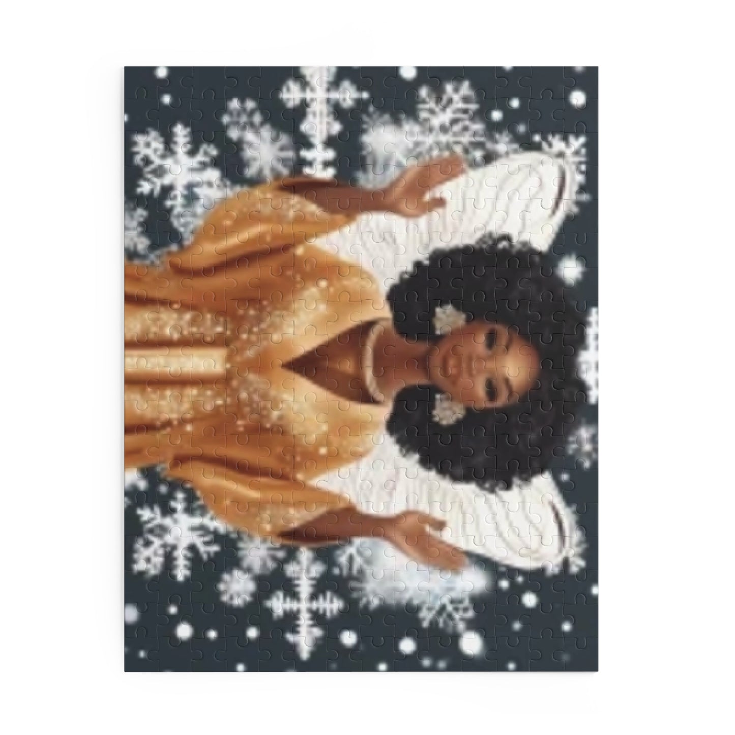 Festive Christmas Angel Puzzle – African American Angel with Natural Curls, Gold Attire, and Snowy Blue Background Puzzle (120, 252, 500-Piece)