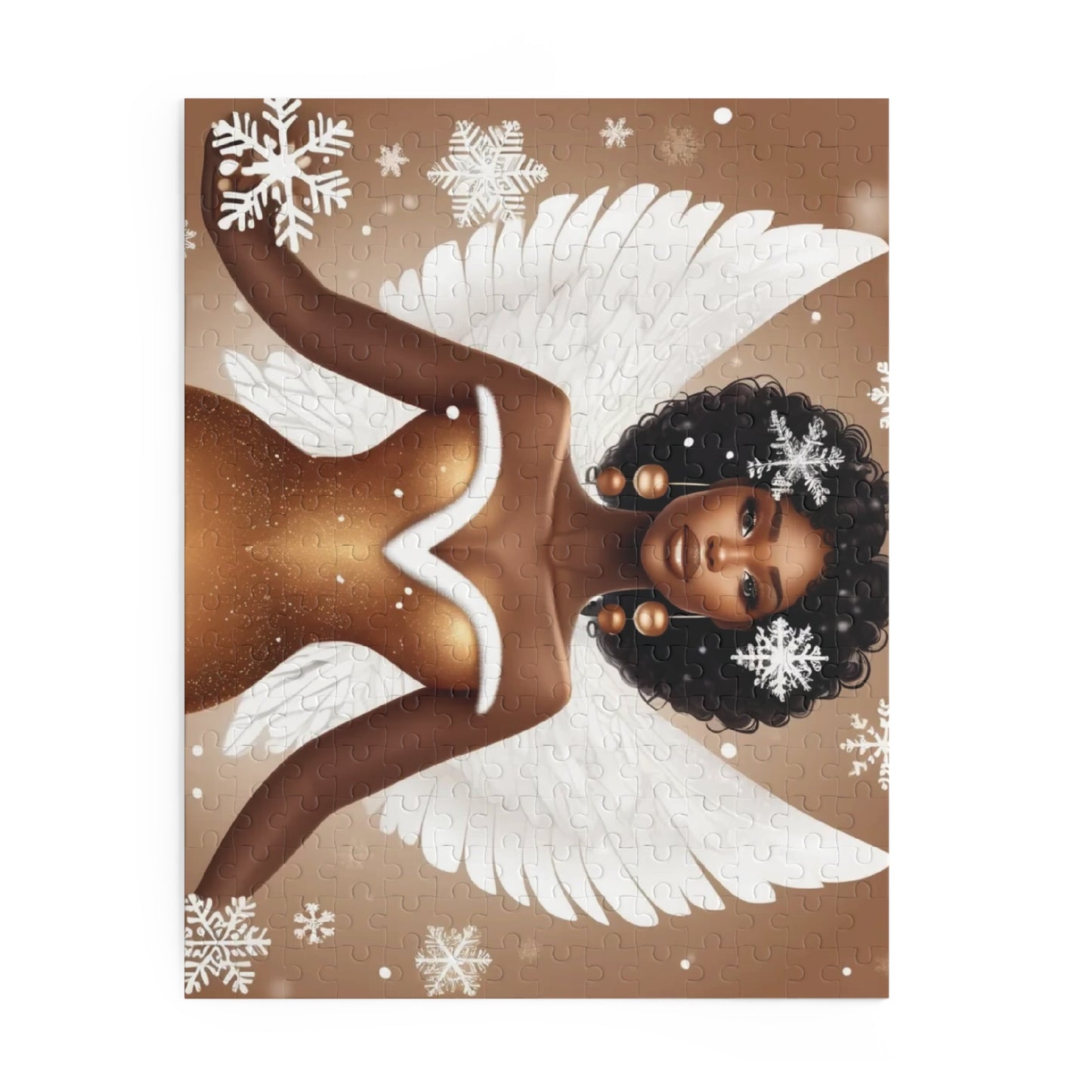 Christmas Angel Puzzle with Afro and Snowflake Wings | Afrocentric Holiday Oil Painting (120, 252, 500-Piece)