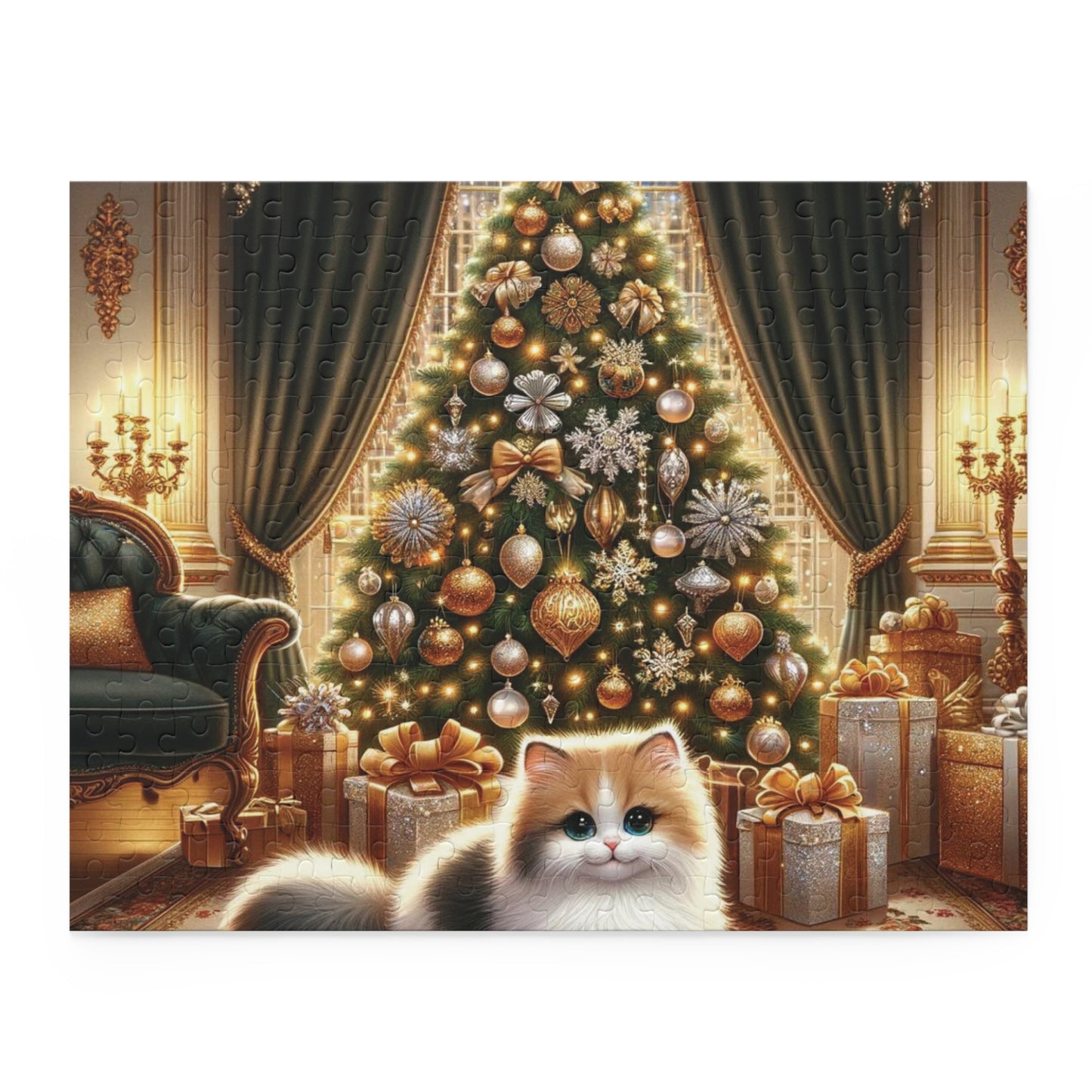 Christmas Cat Puzzle – Fluffy White and Golden Cat Under a Christmas Tree with Cozy Fireplace | Festive Holiday ArtPuzzle (120, 252, 500-Piece)