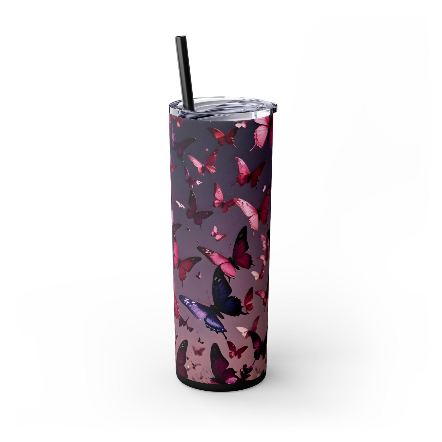 Pink & Purple Butterfly Skinny Tumbler with Straw, 20oz