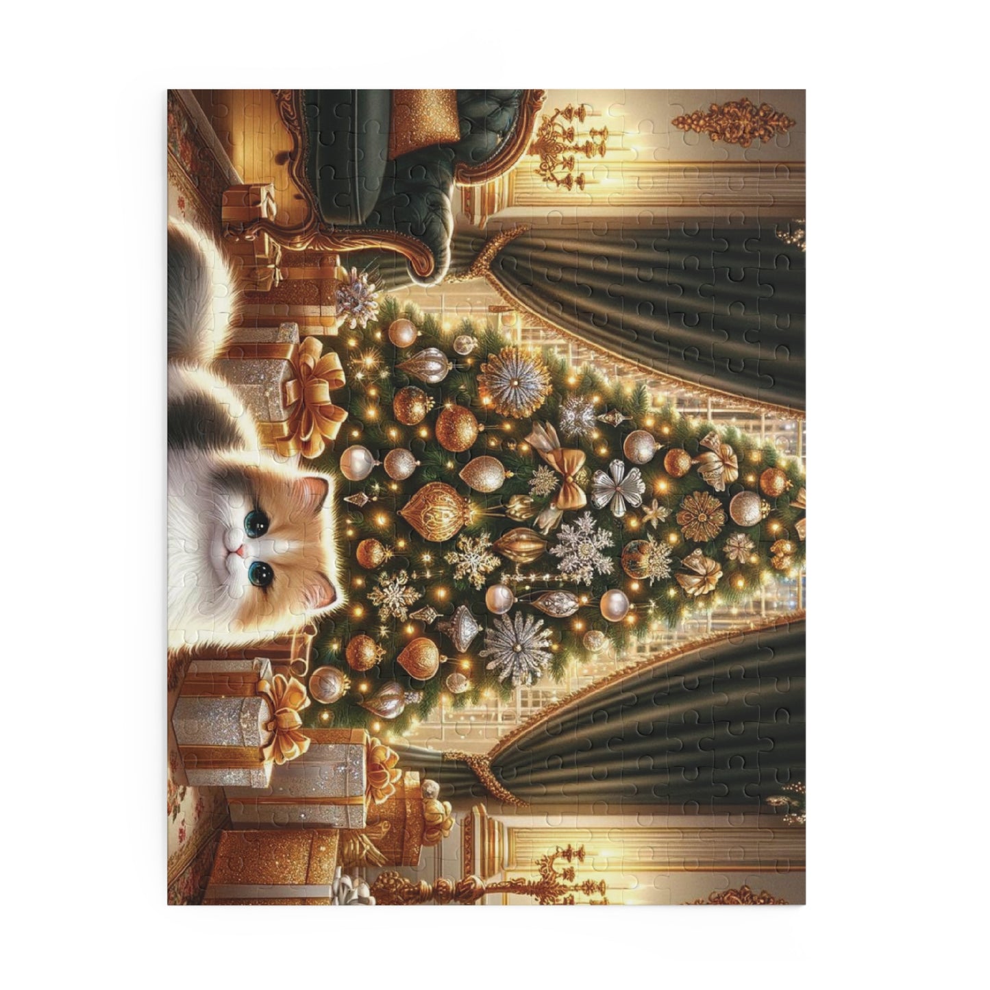 Christmas Cat Puzzle – Fluffy White and Golden Cat Under a Christmas Tree with Cozy Fireplace | Festive Holiday ArtPuzzle (120, 252, 500-Piece)