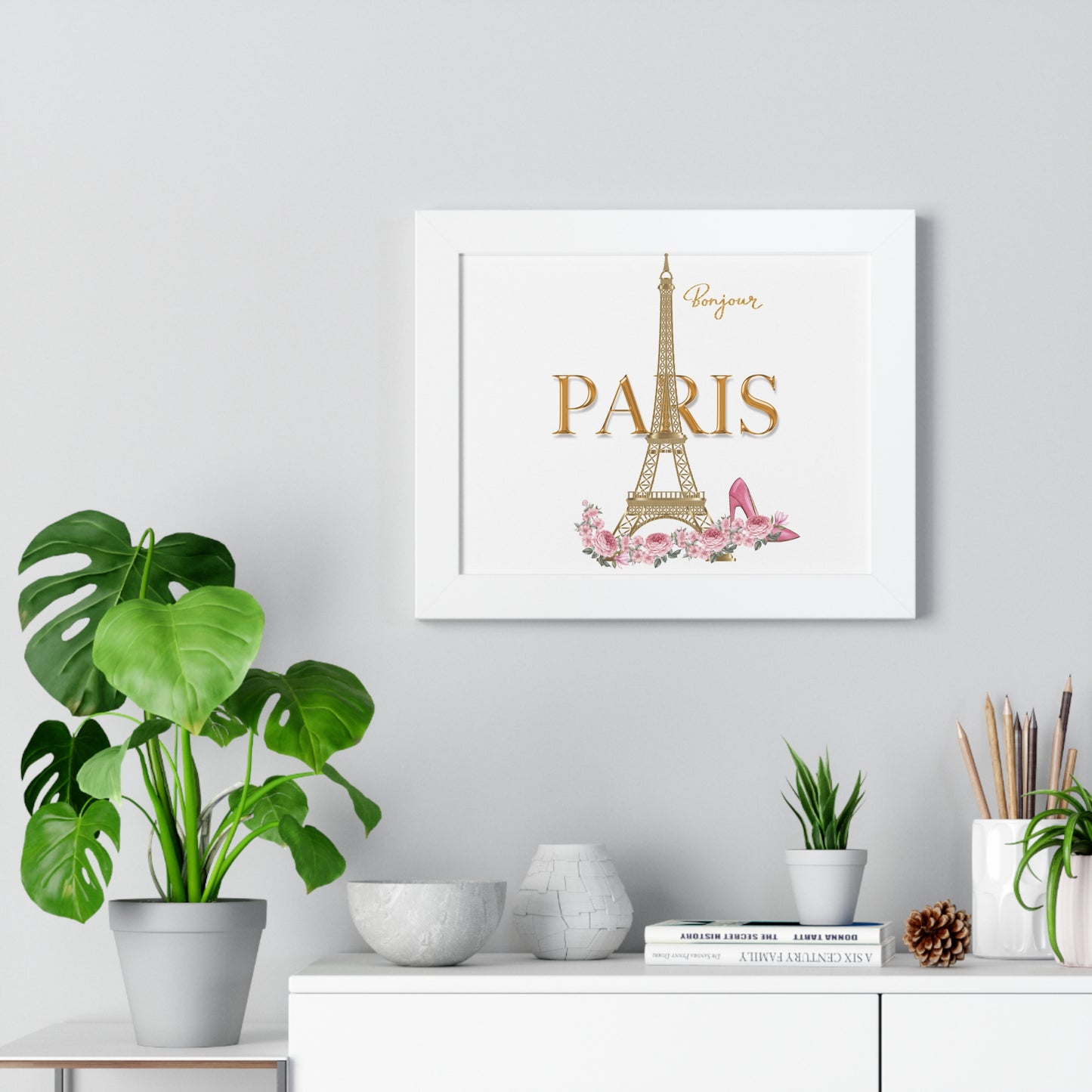Bonjour Paris Framed Wall Art | Parisian Chic Decor | Eiffel Tower Print Framed Horizontal Poster