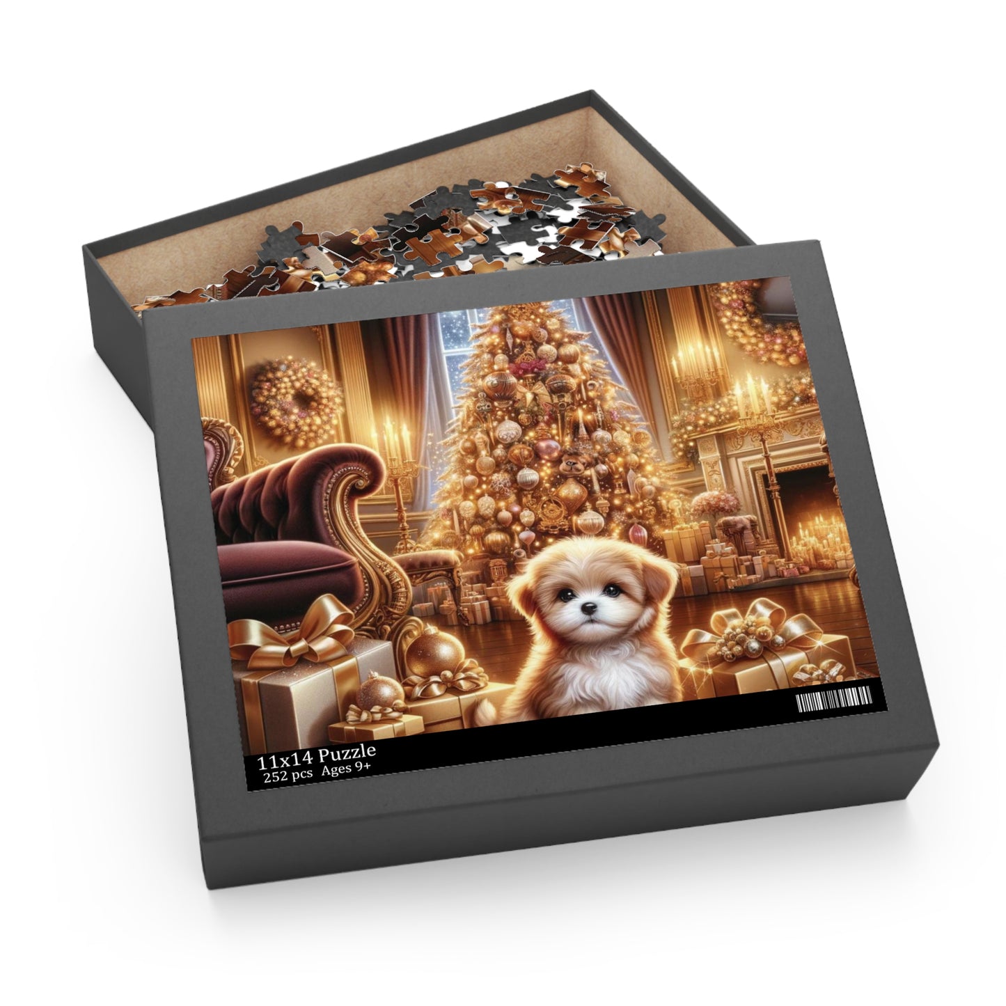 Christmas Puppy Puzzle – Cute Puppy by the Christmas Tree in a Luxurious Festive Living Room | Hyperrealistic Holiday Scene Puzzle (120, 252, 500-Piece)