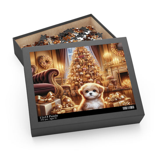 Christmas Puppy Puzzle – Cute Puppy by the Christmas Tree in a Luxurious Festive Living Room | Hyperrealistic Holiday Scene Puzzle (120, 252, 500-Piece)