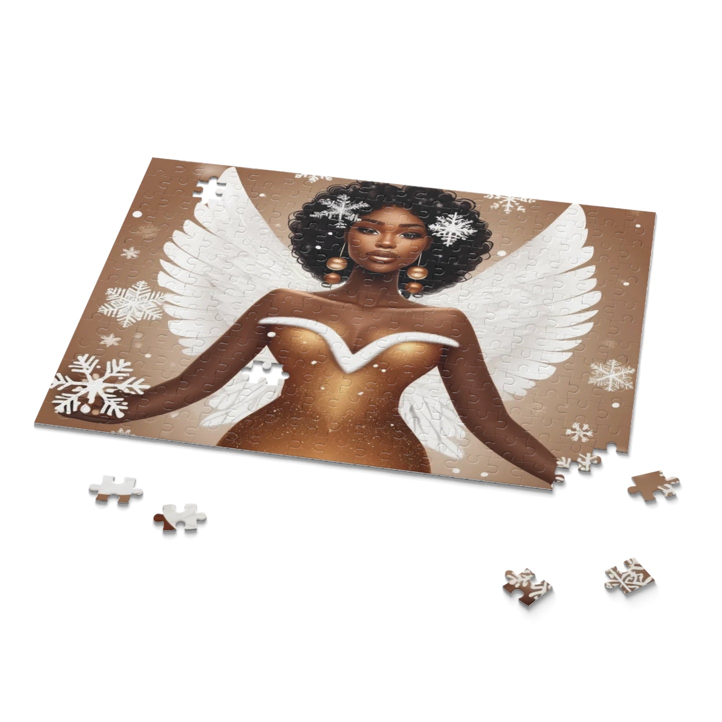 Christmas Angel Puzzle with Afro and Snowflake Wings | Afrocentric Holiday Oil Painting (120, 252, 500-Piece)