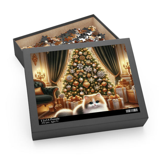 Christmas Cat Puzzle – Fluffy White and Golden Cat Under a Christmas Tree with Cozy Fireplace | Festive Holiday ArtPuzzle (120, 252, 500-Piece)