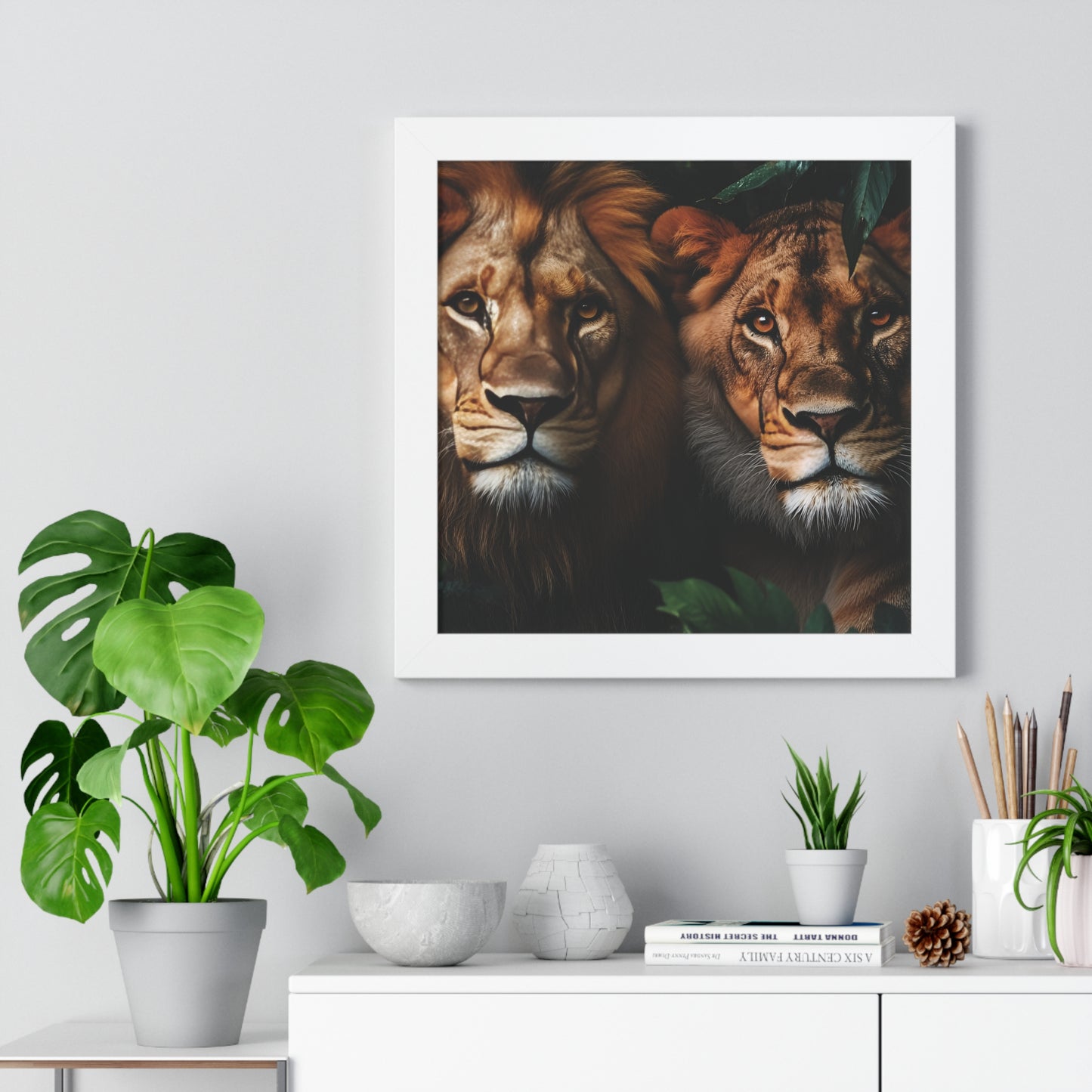 Majestic Lion Couple Portrait: Wildlife Wall Art | Nature Photography | Rain Forest Print Framed Vertical Poster