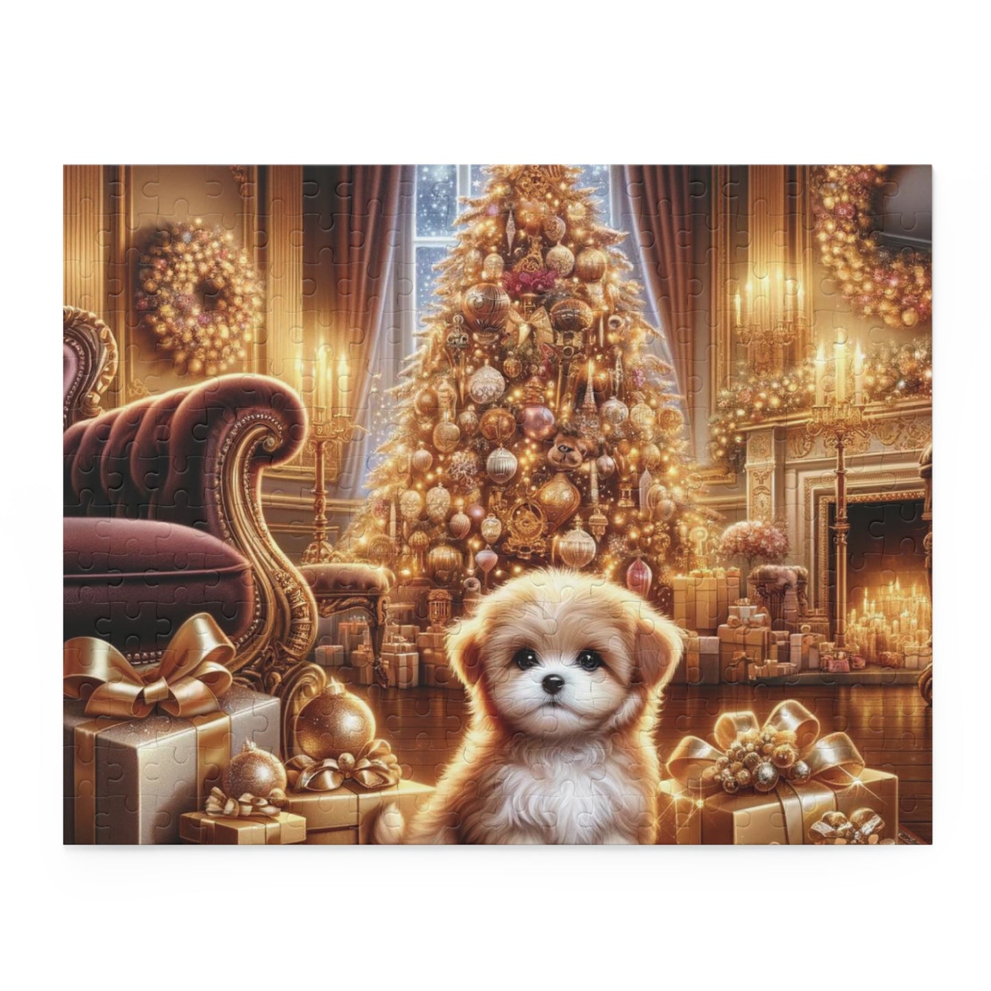 Christmas Puppy Puzzle – Cute Puppy by the Christmas Tree in a Luxurious Festive Living Room | Hyperrealistic Holiday Scene Puzzle (120, 252, 500-Piece)