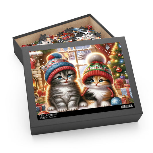 Christmas Kittens Puzzle – Adorable Cats in Knitted Winter Hats with Holiday Decorations | Vibrant and Detailed Festive Art Puzzle (120, 252, 500-Piece)