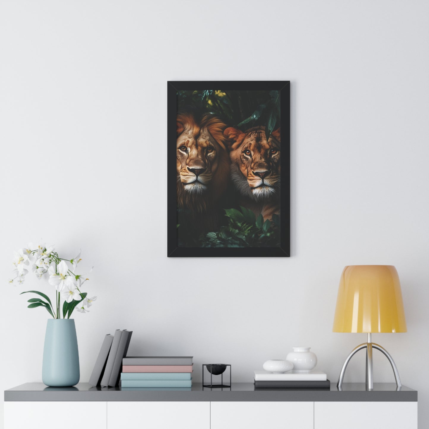 Majestic Lion Couple Portrait: Wildlife Wall Art | Nature Photography | Rain Forest Print Framed Vertical Poster