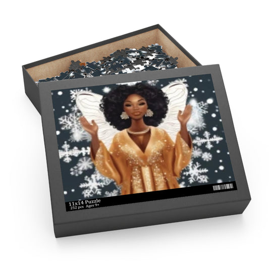 Festive Christmas Angel Puzzle – African American Angel with Natural Curls, Gold Attire, and Snowy Blue Background Puzzle (120, 252, 500-Piece)